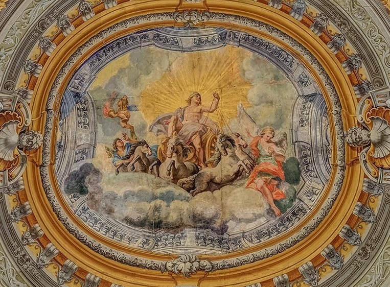 "Allegoria del carro del Sole" di Giovanni Paolo Pagnini: questa, fra le tante opere d'arte che abbelliscono Palazzo Madama, sede del Senato, è stata scelta per il rovescio della moneta da 5 euro