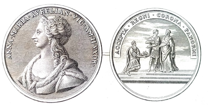 Medaglia celebrativa dell'incoronazione di Vittorio Amedeo II di Savoia a re di Sicilia, anno 1713, con al dritto il ritratto della moglie Anna Maria d'Orléans