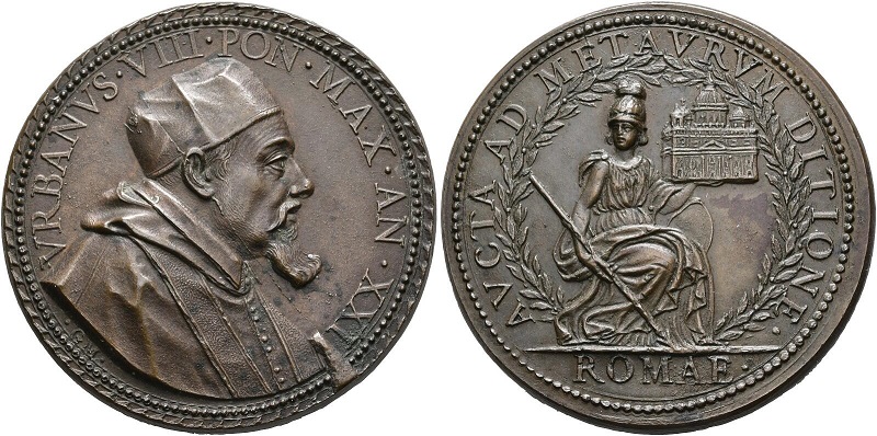 Un esemplare in bronzo "ibrido" (porta infatti indicazione dell'anno XXI) riconiato dai Mazio della medaglia annuale 1631 di papa Urbano VIII Barberini con legenda AVCTA METAVRVM DITIONE