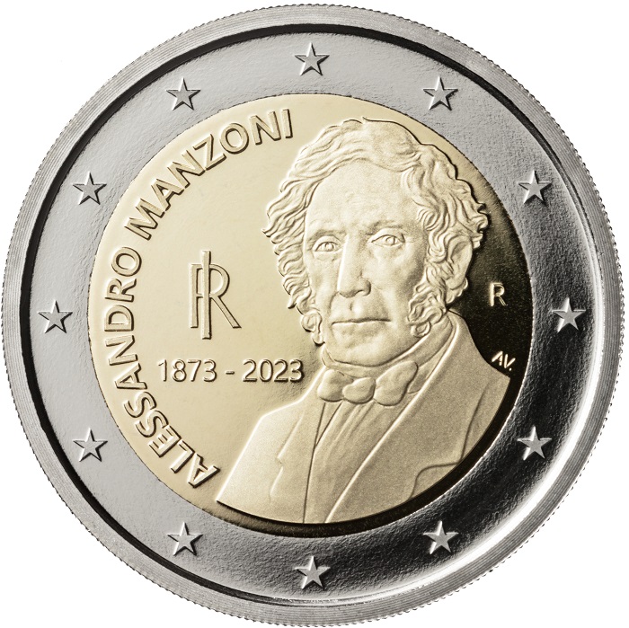 Si ispira proprio all'immagine di Alessandro Manzoni che campeggiava sulla banconota da 100.000 lire, oltre che su ritratti d'epoca, il bel mezzobusto di tre quarti che Antonio Vecchio ha modellato per i 2 euro