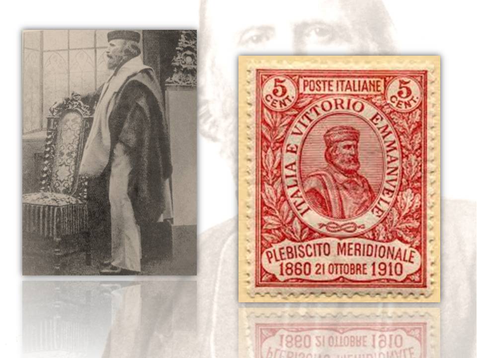 Fig. 15: una foto in cui Garibaldi indossa lo stesso copricapo che ha nella medaglia (da Vismara 2008) | Fig. 16: uno dei francobolli italiani del 1910 con effigie dell'eroe