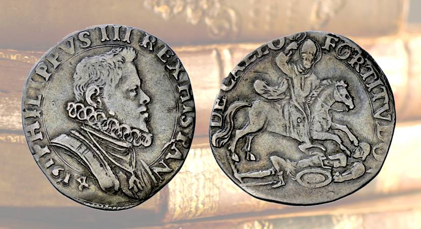 Un esemplare milanese da 10 soldi di Filippo III (1598-1621) con al rovescio Sant’Ambrogio a cavallo e legenda FORTITVDO DE CAELO: ecco identificata la moneta che appare nell’incisione di Gonin
