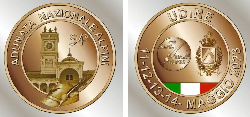 La medaglia ufficiale della 94a Adunata nazionale degli Alpini che si è svolta dall'11 al 14 maggio 2023 a Udine e che ha visto anche la presenza di alte autorità istituzionali, a iniziare dalla premier Giorgia Meloni
