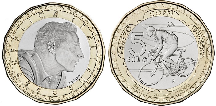 La serie di monete che IPZS dedica a personaggi famosi dell'Italia recente si è aperta nel 2019 con un omaggio al "campionissimo" del ciclismo Fausto Coppi celebrato dal bulino di Valerio De Seta