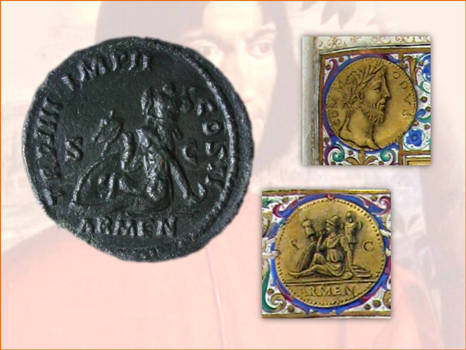 Fig. 6: dritto di una moneta di Commodo miniato nel manoscritto | Figg. 7a-7b: disegno miniato e foto del rovescio di un sesterzio di Lucio Vero al tipo dell'Armenia