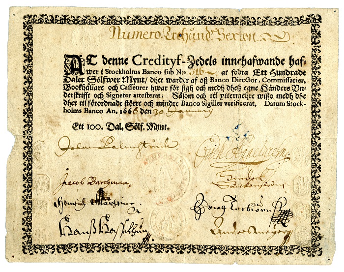 Il fronte della prima banconota d'Europa in senso moderno, emessa dallo Stockholms Banco in Svezia nel 1666