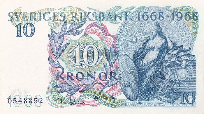 Il fronte del biglietto "celebrativo" da 10 corone svedesi stampato nel 1968 per celebrare i tre secoli dell'istituto di emissione