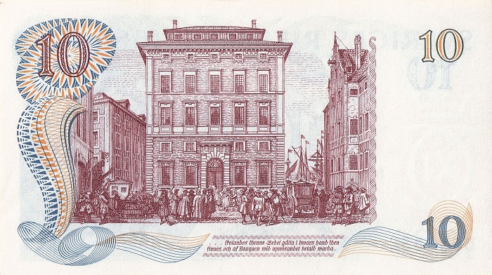 Al retro della banconota svedese del 1968 la sede dell'istituto di emissione, cuore della finanza del paese scandinavo