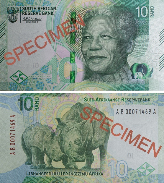 Il nuovo biglietto da 10 rand del Sud Africa, emesso a inizio maggio, ingloba modernissimi dispositivi di sicurezza ma mantiene soggetti e toni di colore simili alla serie Mandela già in uso