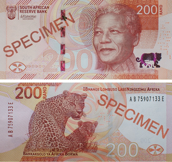 Sulla banconota da 200 rand del Sud Africa una famiglia di leopardi: tutta la serie è incentrata sulle specie autoctone del paese a rischio di estinzione la cui effigie stilizzata è riprodotta anche al fronte come ologramma