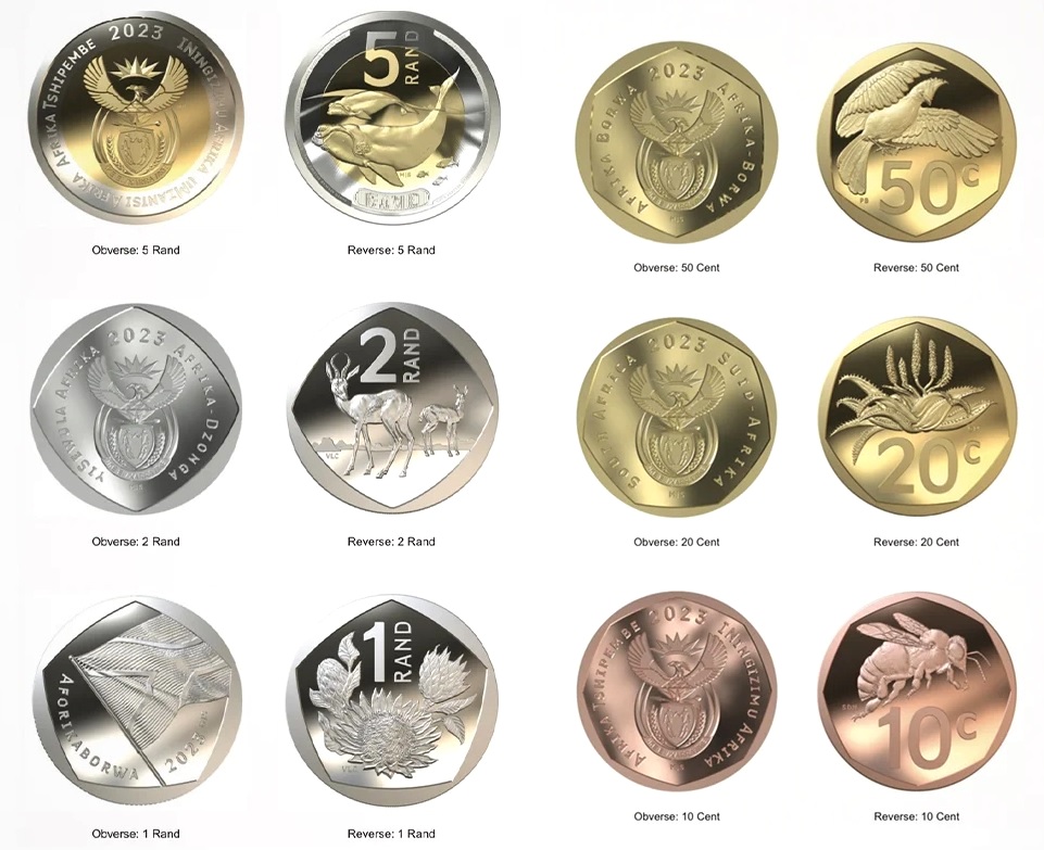 Le sei monete metalliche del Sud Africa in versione 2023 continuano a raffigurare tutte, sul dritto, l'emblema nazionale e sui rovesci degli animali o delle piante che caratterizzano il ricchissimo ecosistema del paese