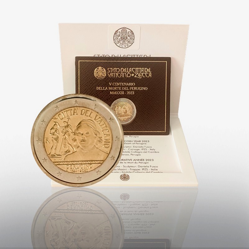 La confezione della moneta vaticana da 2 euro dedicata al Perugino: sono 69.000 gli esemplari disponibili di questa versione in fior di conio