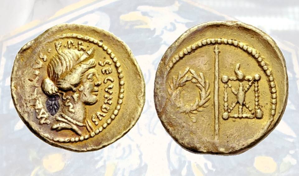 Dalla collezione di casa Este: aureo di Roma repubblicana a nome di M. Arrius Secundus coniato nel 43 a.C. con contromarca aquila dietro la testa della "Fortuna Populi Romani"