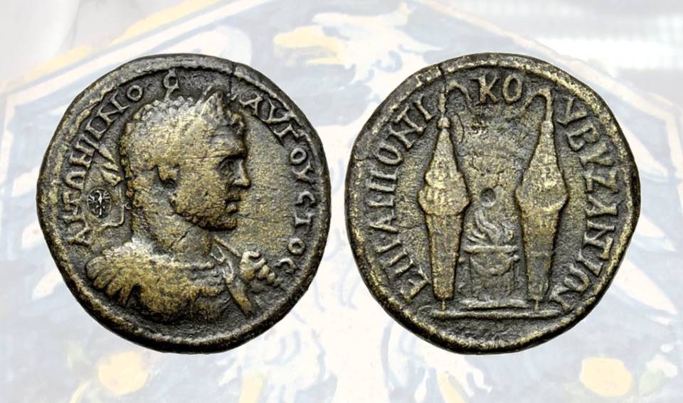 Un esemplare provinciale romano ex collexione Este è questo proveniente dalla Tracia, un bronzo a nome di Caracalla (198-217) con l'inconfondibile aquiletta contromarcata