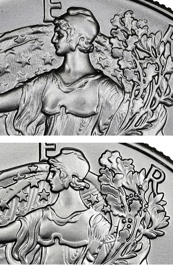 Dettagli a confronto sul mezzo busto di Lady Liberty e gli elementi che lo circondano: in alto un esemplare originale di Silver Eagle, in basso la contraffazione studiata da NGC