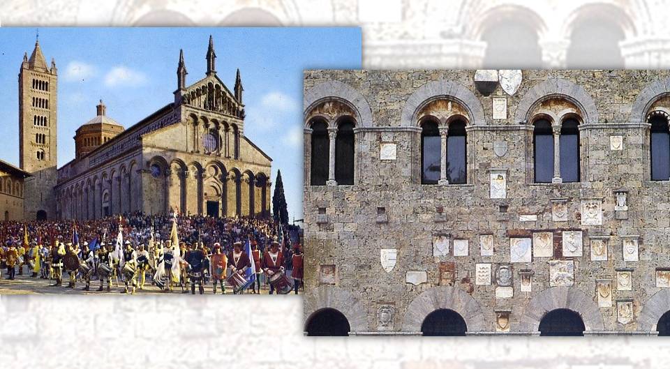 A sinistraa Piazza Duomo a Massa Marittima, in provincia di Grosseto, nel giorno del Balestro del girifalco; a destra un particolare del Palazzo del podestà della città toscana