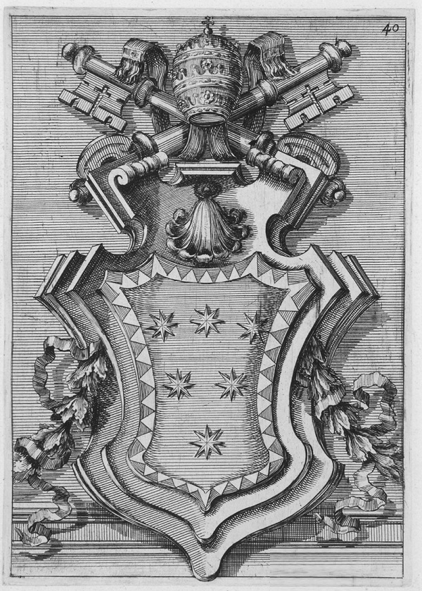 Una bella incisione antica che mostra lo stemma di papa Clemente X Altieri (1670-1676) sormontato dalle chiavi e dalla tiara