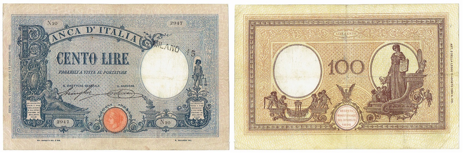 Un biglietto emesso dalla Banca d'Italia, tipo 100 lire Barbetti azzurro, ancora con il classico contrassegno di Stato precedente al 1926