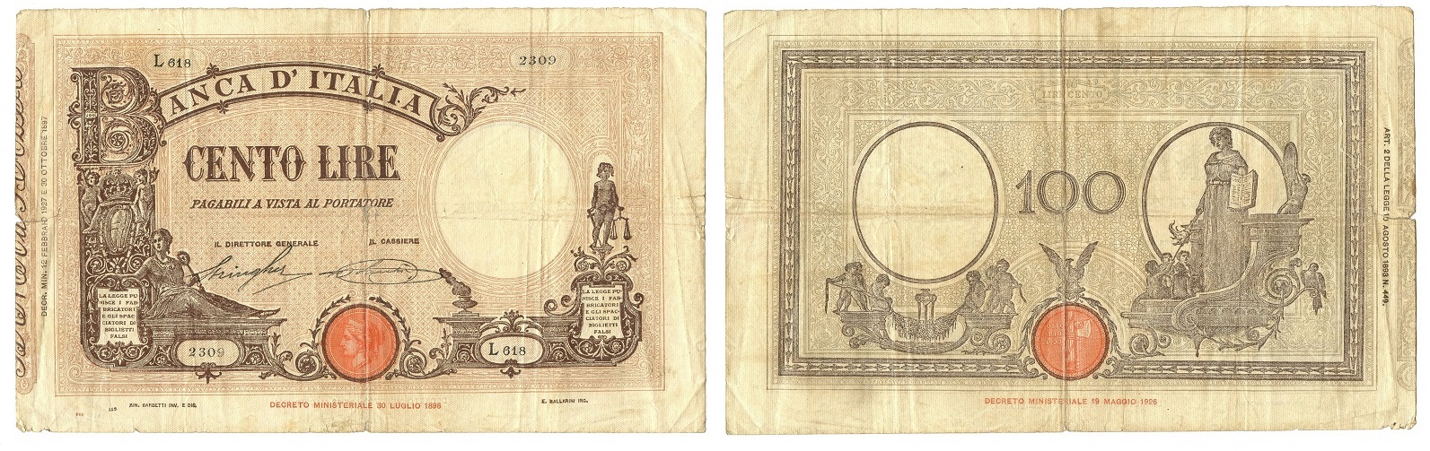Su questa banconota da 100 lire D.M. 19 maggio 1926 il nuovo contrassegno di Stato: manca ancora l'indicazione dell'anno dell'era fascista