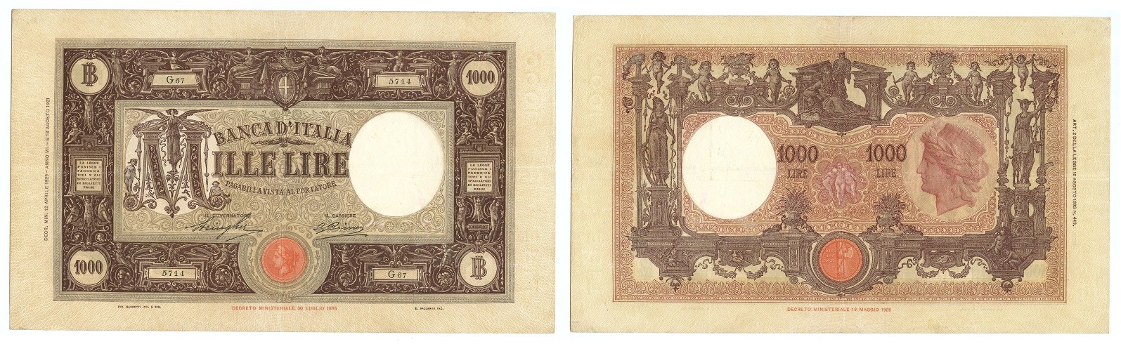 In questa banconota da 1000 lire "Grande M" del 1929 si completa, con l'inserimento dell'anno dell'era fascista, la "rivoluzione del calendario" voluta dal duce