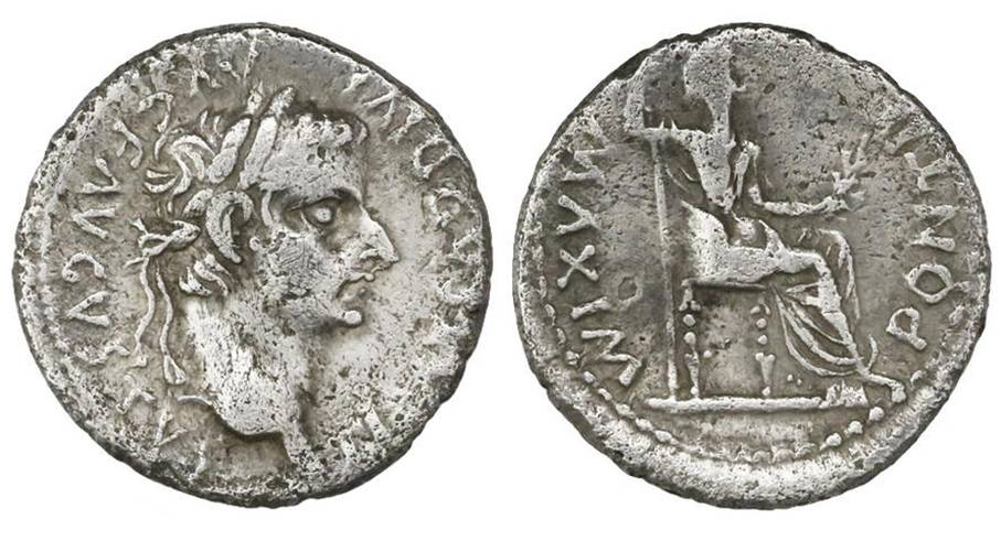 Denario di Tiberio (14-37 c.D.) con al D/ il ritratto laureato dell'imperatore e al R/ Livia (come Pace) seduta con ramo d'ulivo e lungo scettro verticale. Questa viene considerata la moneta che fu mostrata a Gesù quando pronunciò la frase "Date a Cesare quel che è di Cesare" riportata nei Vangeli