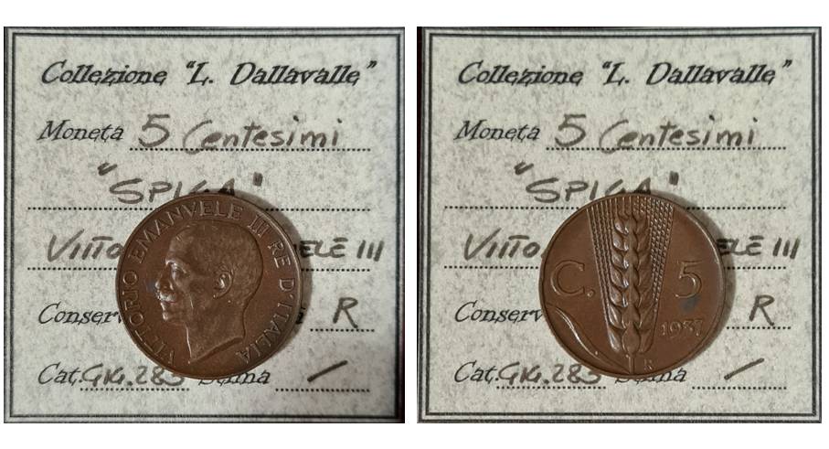 Quando il valore affettivo supera enormemente il valore commerciale: la moneta del cuore del lettore Luca Dallavalle è questa 5 centesimi Spiga del 1937 il cui dritto è ispirato a una cera del grande Benedetto Pistrucci