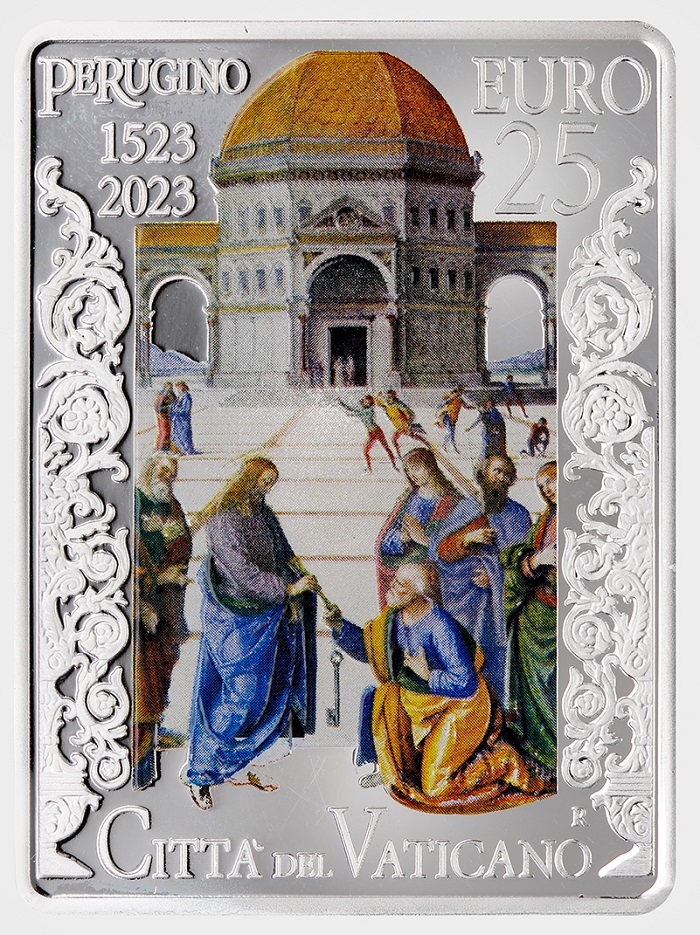 La parte centrale dell'affresco di Pietro Vannucci che mostra la consegna delle chiavi da Gesù a san Pietro campeggia al dritto dei 25 euro vaticani firmati Chiara Principe ed emessi il 20 giugno