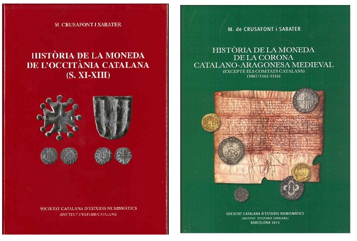 Due copertine di volumi che Miquel Crusafont I Sabater ha dedicato alle monetazioni spagnole del medioevo, uno dei suoi ambiti di ricerca favoriti, e che fanno testo nel settore
