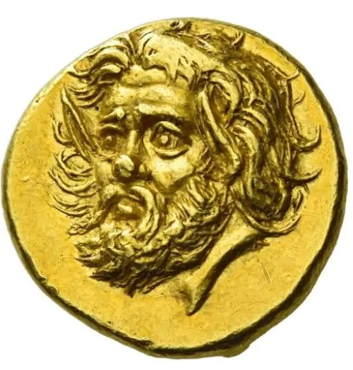 Al dritto di questo capolavoro della monetazione classica un satiro, non rivolto completamente a sinistra ma col volto di tre quarti: la moneta ha fatto parte della collezione dell'Ermitage e della Gillet