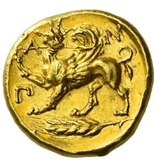 Un grifone rivolto a sinistra, con una lancia e, sotto, una spiga: anche il rovescio del "Panticapeum Stater" è un capolavoro assoluto di incisione e simbolismo