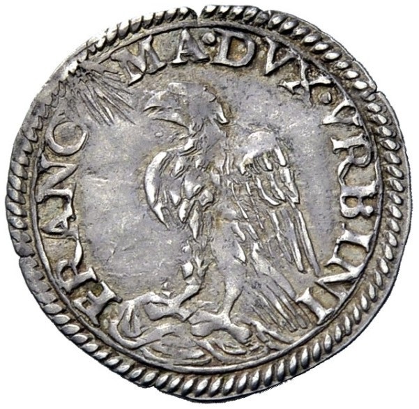 Sul dritto l'aquila araldica di Francesco Maria I Della Rovere (1490-1538, duca dal 1508 al 1516 e dal 1521 alla morte) che guarda il sole raggiante, simbolo divino