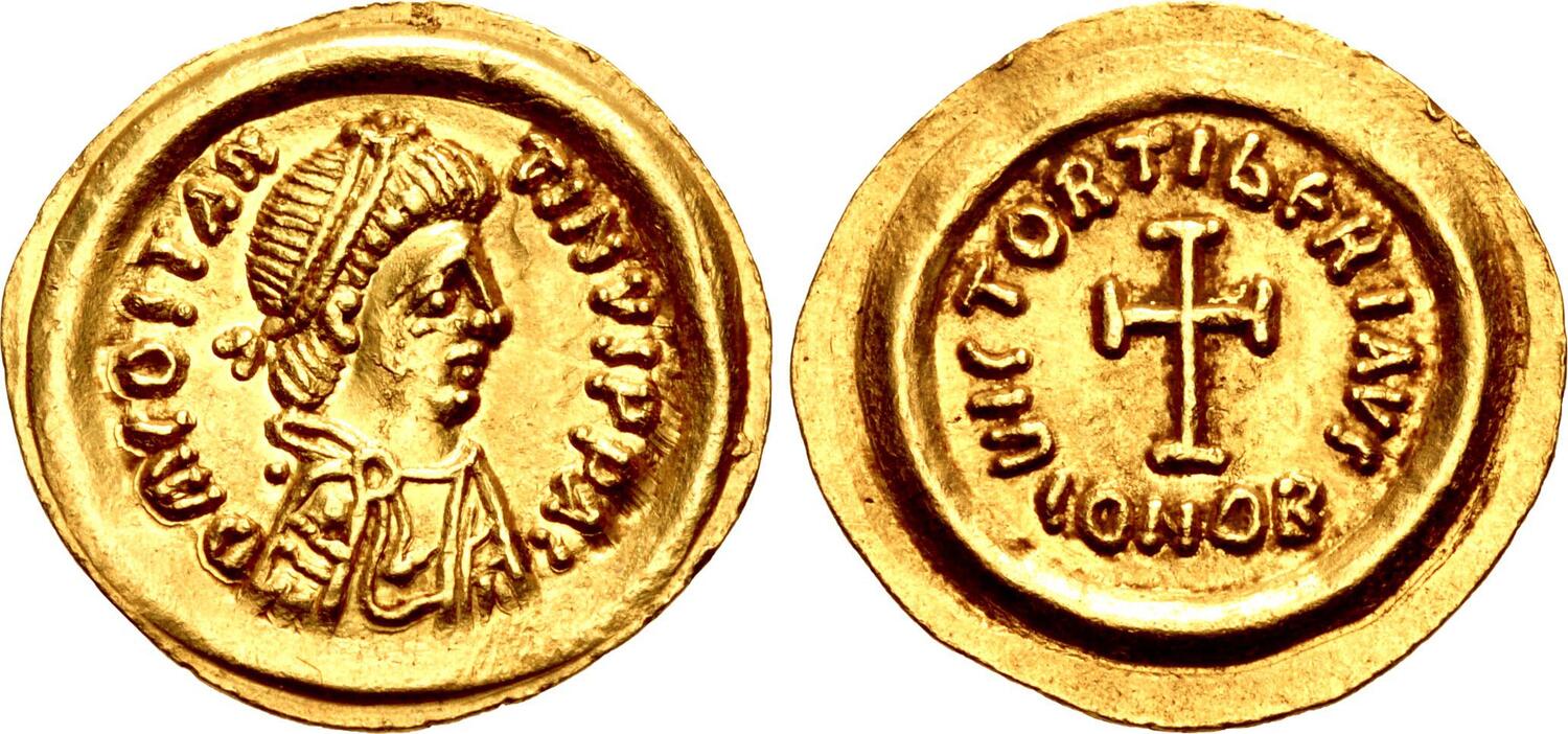 Tremisse a nome dell'imperatore Tiberio II Costantino