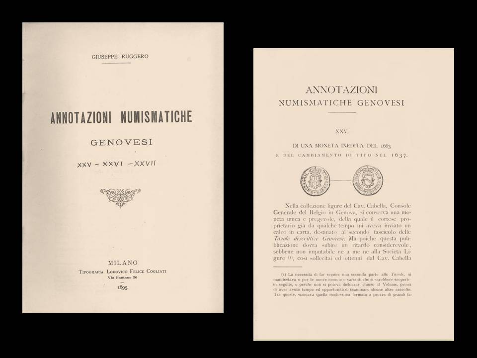Il frontespizio e una pagina di un fascicolo delle "Annotazioni numismatiche genovesi": Giuseppe Ruggero fece approfondite ricerche sulla zecca ligure