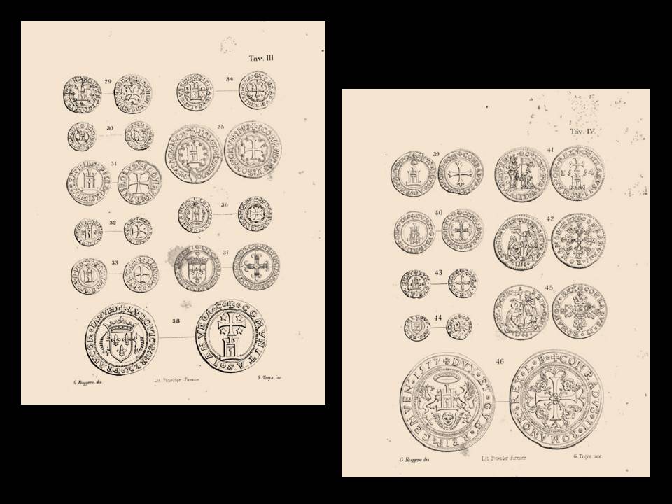 Due delle "Tavole descrittive delle monete della Zecca di Genova dal 1139 al 1814" date alle stampe nel 1891, principale opera numismatica del Ruggero