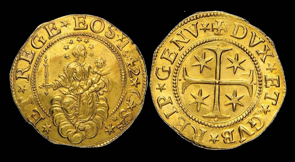 All'affascinante monetazione di Genova Giuseppe Ruggero dedicò molti studi: qui illustrata una rarissima cinque doppie in oro coniata nel 1642