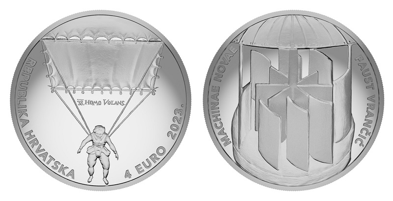 Curioso nominale, 4 euro, per questa oncia d'argento commemorativa che la Croazia dedica a Faust Vrančić, poliedrico uomo di lettere e scienze vissuto a cavallo fra XVI e XVII secolo