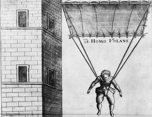 Nel suo libro "Machinae Novae", la 38a invenzione che Faust Vrančić descrive e illustra è un paracadute quadrato, così rappresentato nell'opera data alle stampe nel 1595