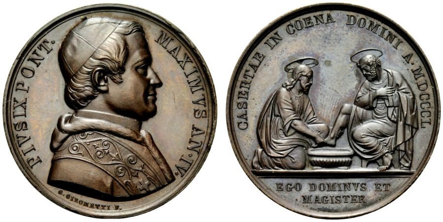 Esemplare in bronzo della medaglia della Lavanda dell'anno IV di Pio IX (1850) con al rovescio la legenda CASERTAE IN COENA DOMINI MDCCCL che allude alla celebrazione del rito "in esilio"