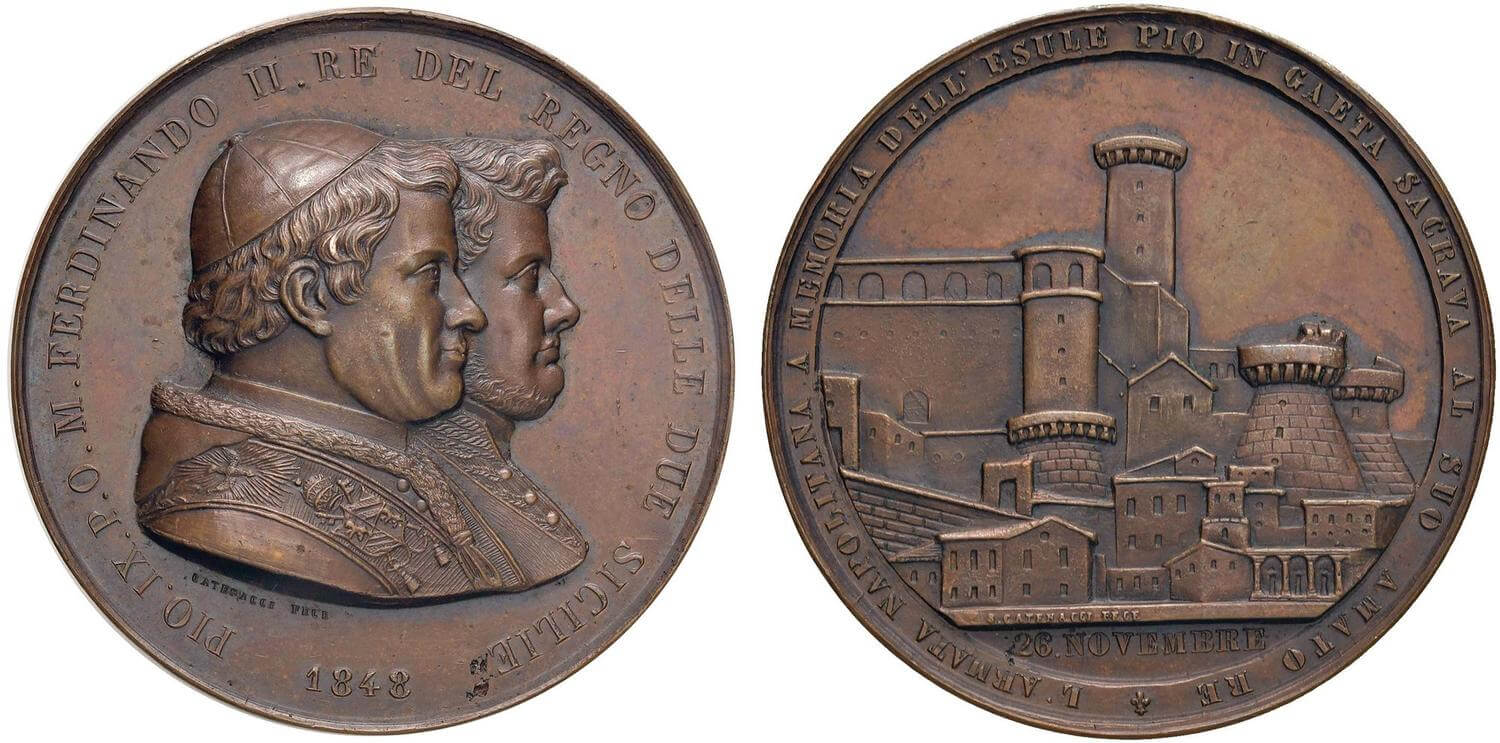 Ferdinando II di Borbone, re delle Due Sicilie, ritratto insieme al pontefice su questa celebre medaglia che ricorda l'ospitalità offerta dal sovrano e alla corte pontificia a Gaeta