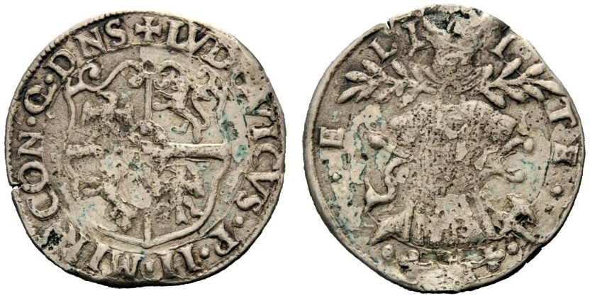 Ludovico II Pico, 1550-1568. Cavallotto in mistura: al D/ LVDOVICVS P II MIR CON Q DNS, stemma; al R/ motto ELIGITE e trofeo dal quale escono due rami d’ulivo. Il motto "scegliete" sottintende "tra guerra e pace"