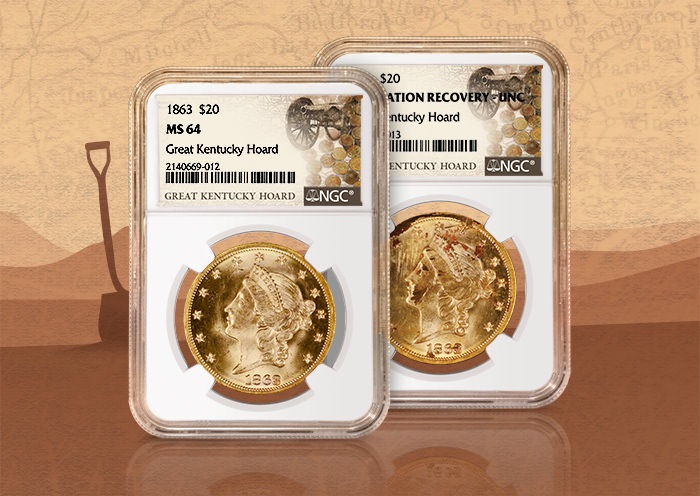 Per gli esemplari del "grande tesoro del Kentucky", la compagnia Numismatic Guaranty Company ha predisposto slab personalizzati che ricordano la provenienza delle preziose monete