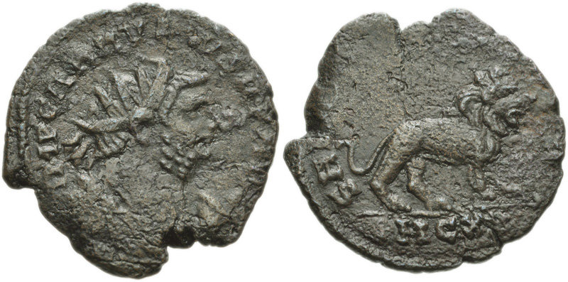 Un esemplare di antoniano di Carausio battuto a fine III secolo: in questo caso il leone è andante a destra e non porta attributi particolari