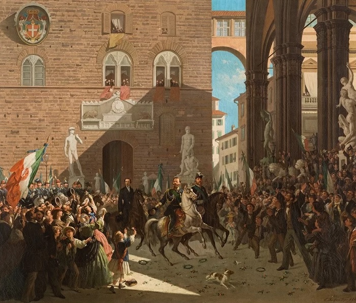 L'arrivo a Firenze di Vittorio Emanuele II 3 febbraio del 1865, giorno in cui il capouogo toscano diventa capitale d'Italia. Lo rimarrà fino al 3 febbraio 1871 quando Roma, presa il 20 settembre dell'anno precedente, subentrerà ufficialmente in questo ruolo