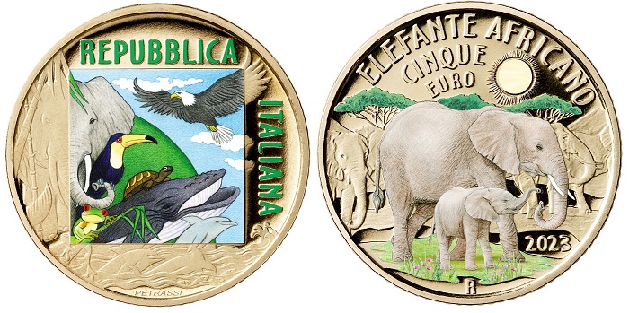 L'elefante africano è protagonista della quarta moneta che IPZS dedica alle specie animali a rischio: stupefacenti la qualità e il dettaglio della colorazione sulle due facce della coniazione