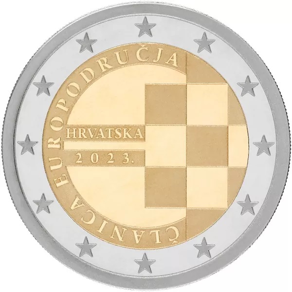 La prima moneta da 2 euro di Croazia festeggia l'ingresso del paese nella moneta unica con una composizione stilizzata tra il simbolo €, alcune iscrizioni e la scacchiera dello stemma nazionale