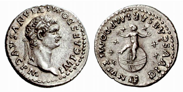 figlio bambino domiziano imperatore roma domizia augusta denario moneta giove stelle