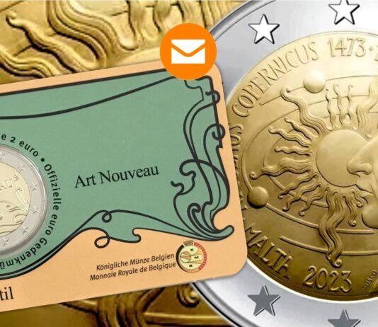 due euro moneta bimetallica malta belgio copernico art nouveau