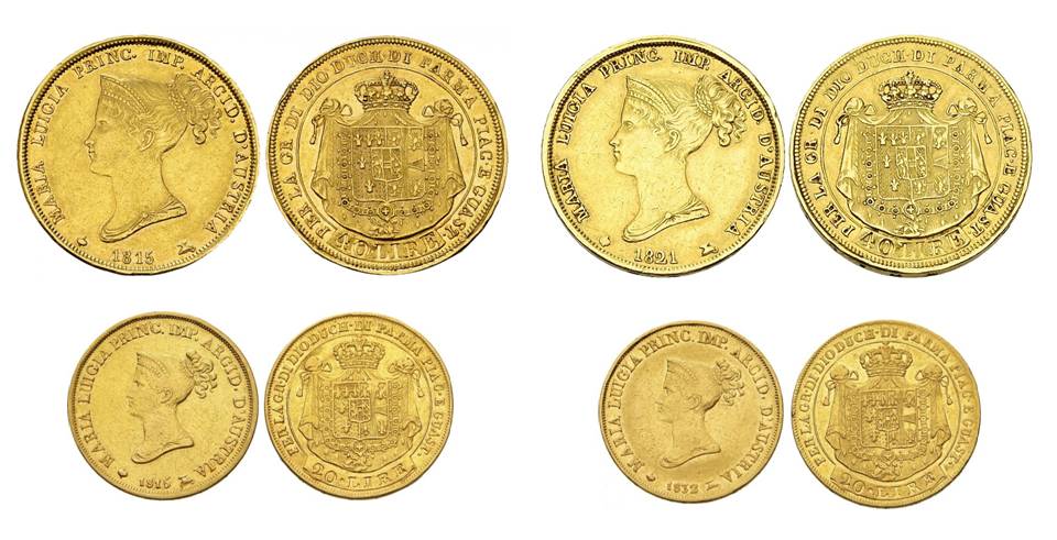 maria luigia duchessa parma piacenza guastalla monete lire centesimi marengo scudo oro argento