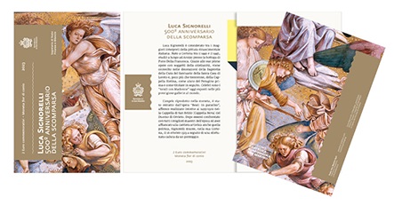 E' tutto a tema artistico il folder in cui San Marino rende disponibile la moneta da 2 euro per Luca Signorelli nel quinto centenario dalla morte