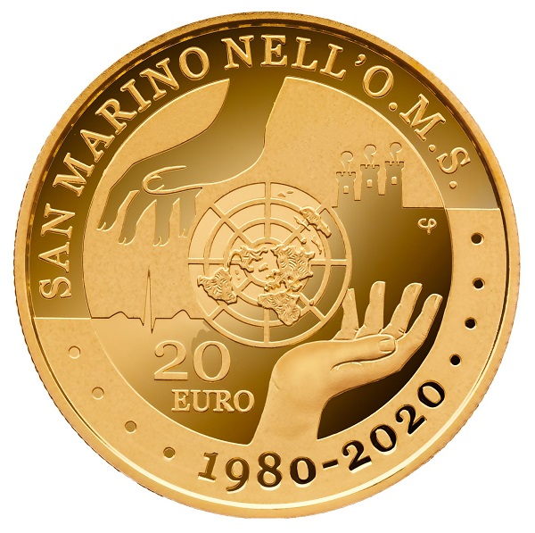 Ecco il rovescio di quella che a oggi, in attesa dell'emissione preannunciata da Gian Luca Amici a San Marino RTV, è l'ultima moneta d'oro sammarinese, i 20 euro 2020 per i 40 anni del Titano nell'OMS